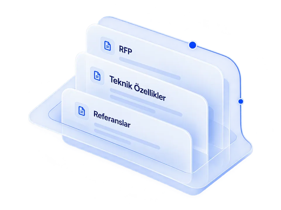 B2B değerlendirmesinde RFQ, teknik özellikler ve referans belgelerini temsil eden katmanlı doküman kartları.