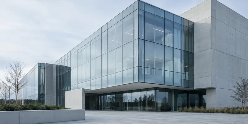 Modern glass and concrete industrial office building