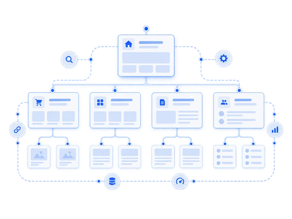 Technical SEO architecture linking a website with search, settings, content, databases, analytics and supporting pages.