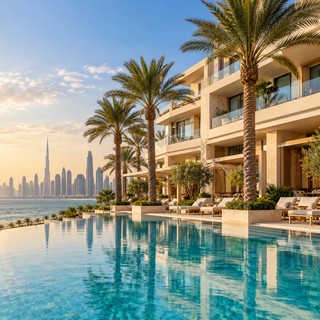 Dubai beachfront hotel with palm trees and an infinity pool