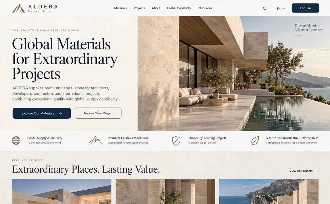 ALDERA natural stone homepage with the heading Global Materials for Extraordinary Projects