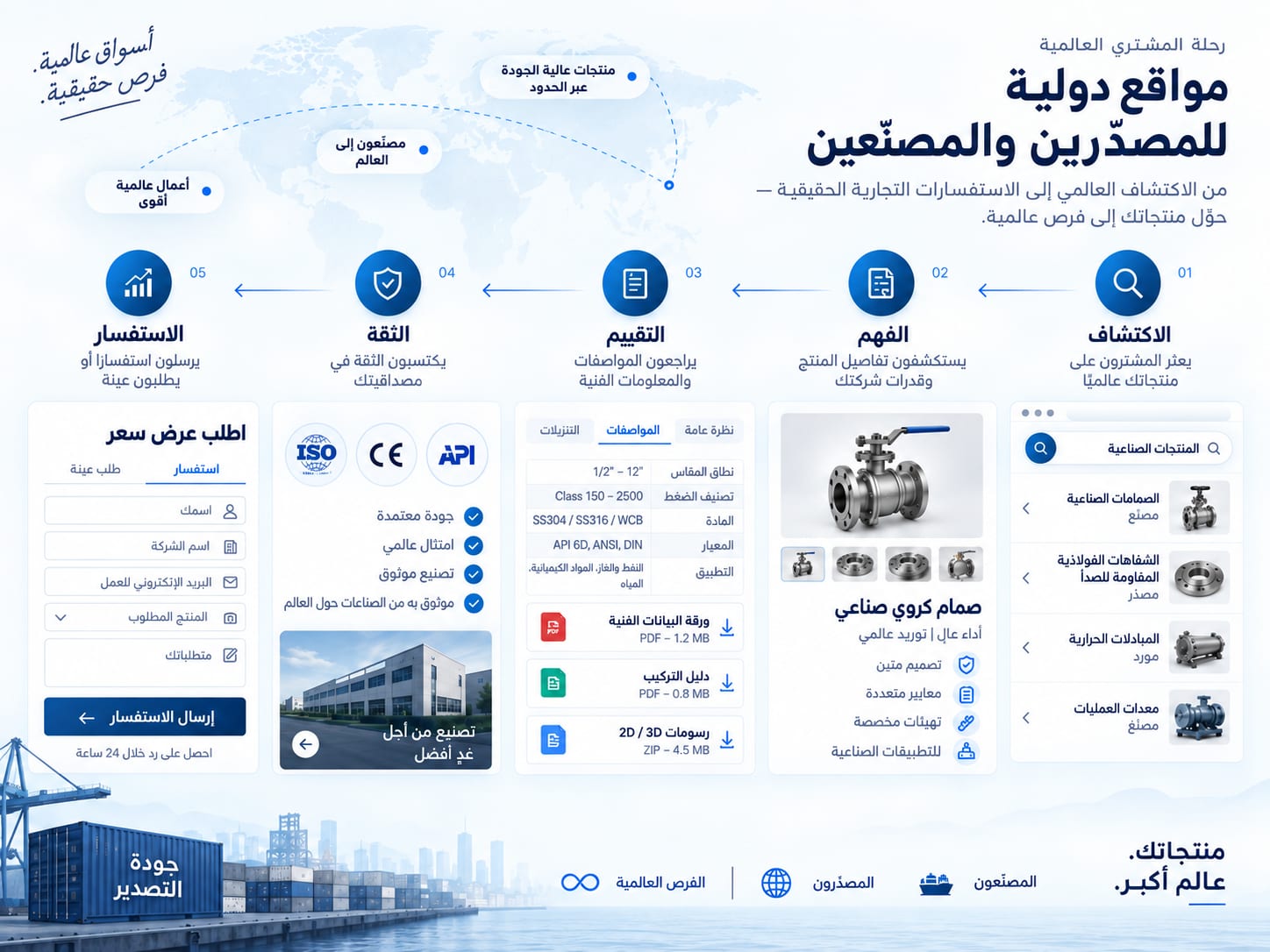 رحلة المشتري الدولي من الاكتشاف وتقييم المنتج إلى الثقة والاستفسار للمصدّرين والمصنّعين