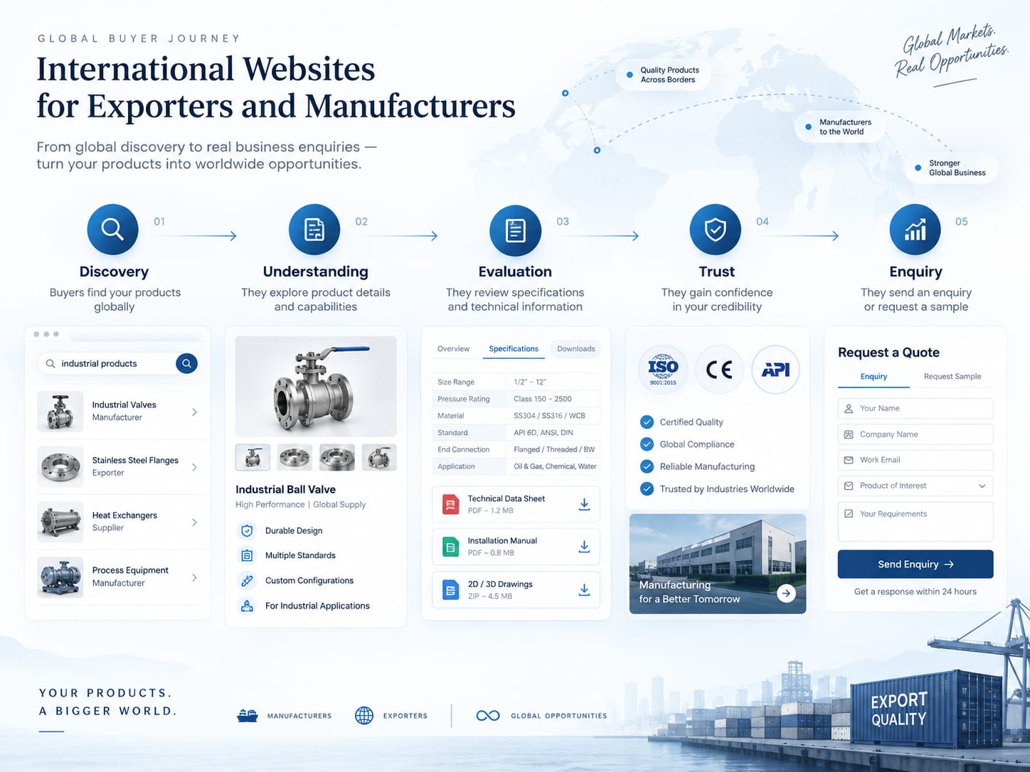 International buyer journey from discovery and product evaluation to trust and enquiry for exporters and manufacturers